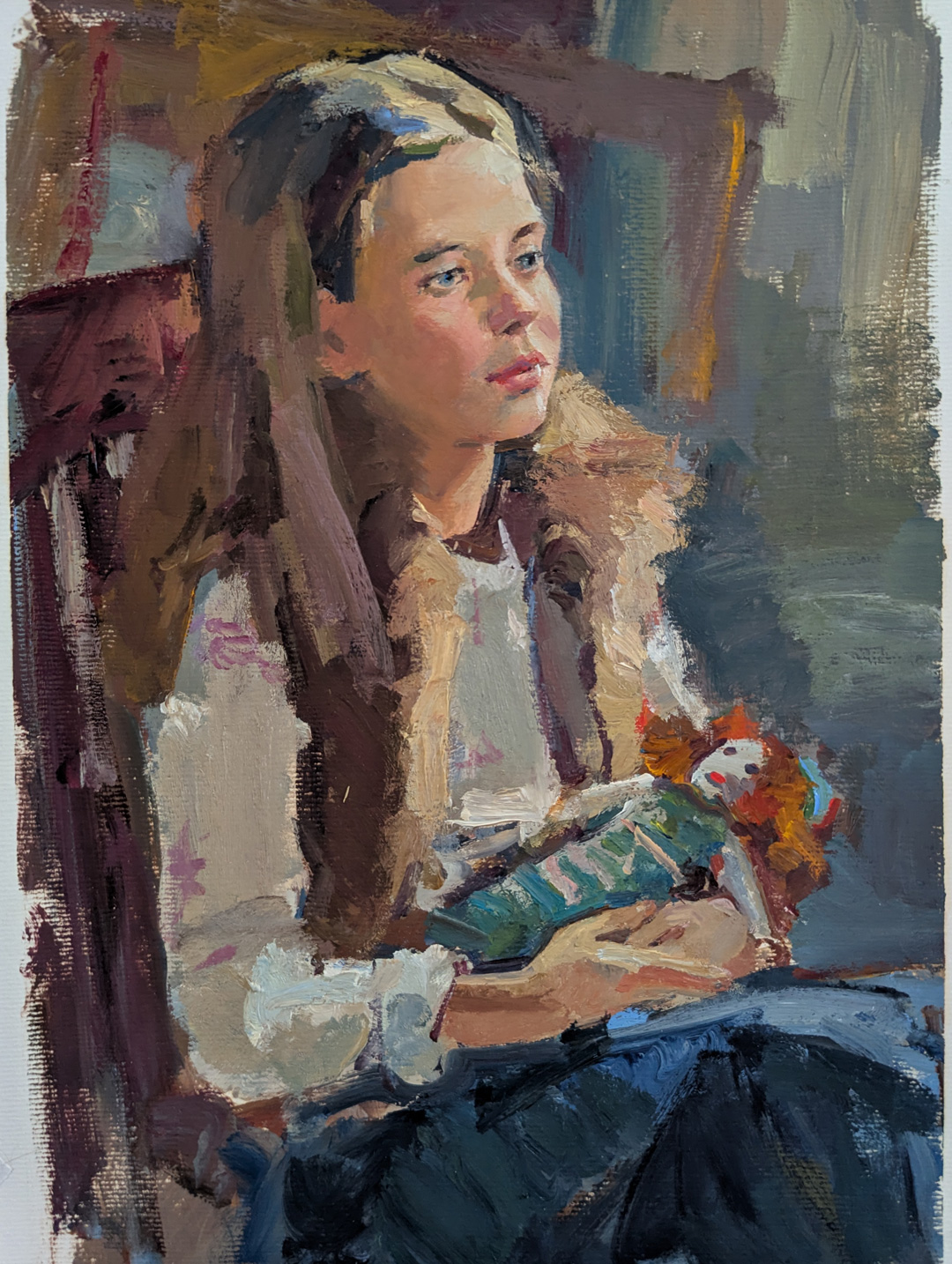 Портрет девочки, держащей в руках куклу. Выполнен с натуры, холст, масло. Автор картины художник портретист Вишнякова Наталья