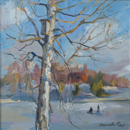Художник Наталья Вишнякова. "Березка". Масло, холст, 30 x 30 см. Живопись, реализм, пейзаж. Санкт-Петербург, 2019 г. ID NV-038