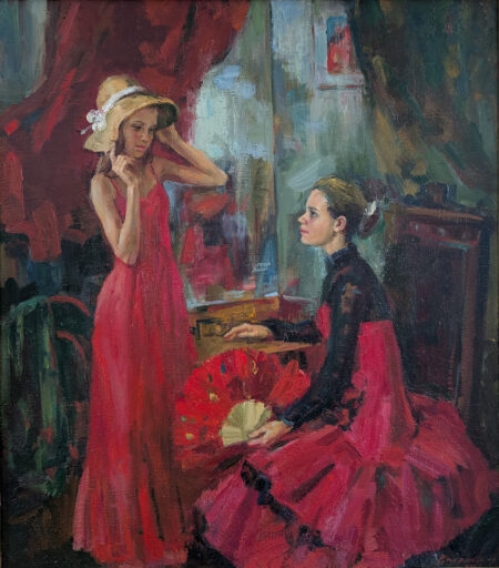 Художник Наталья Вишнякова. "Подруги. Перед спектаклем". Масло, холст, 80 x 70 см. Портрет, реализм, жанровая композиция. Санкт-Петербург, 2007 г. ID NV-022