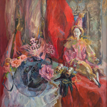 Художник Вишнякова Н.Е. Картина "Натюрморт с клоуном и маской", жанр натюрморт, жанровая композиция, стиль реализм, холст, масло, размер 70x70 см. 2025 г. ID NV-066
